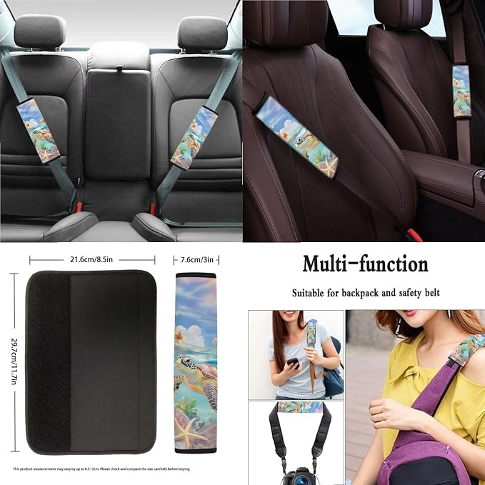 Suobstales Turtle Starfish Plumeria Flower Print Car Seat Cover Set SUV Interior Accessories Front/Back Bench Bucket Seat Cover, Steering Wheel Cover, Seat Belt Cover, Cup Holder Coasters, Keychain