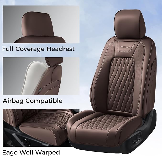 Coverado Premium Leather Full Set Seat Covers Waterproof Heavy-Duty Protectors Custom Fit for Ford F150 (2015-2026) F250/F350/F450 (2017-2026)-Coffee, Vintage Style, Scratch-Resistant