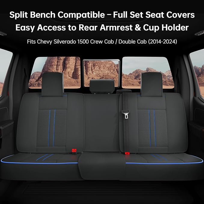 W&PMAX Custom-Fit Blue Seat Covers Full Set for Chevy Silverado & GMC Sierra 2007–2026, Fit 1500/2500/3500HD Crew/Double/Extended Cab, Waterproof Leather Truck Seat Protectors