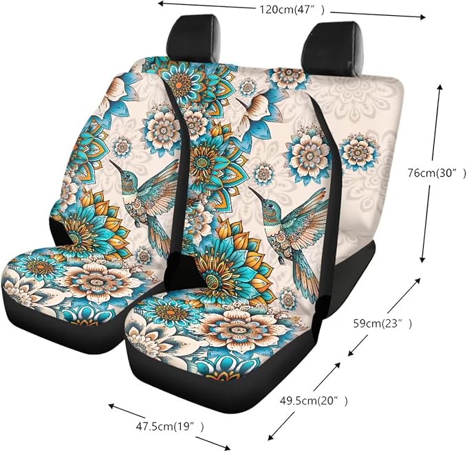 Boho Mandala Hummingbird Pattern 13 Pieces Car Accessories Interior Set, Non Slip Car Front and Rear Seat Cover, Steering Wheel Cover, Seat Belt Cover Pad Coasters, Gift for Friend and Family