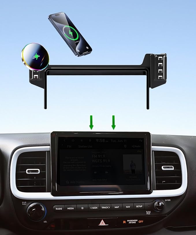 Car Phone Holder for Hyundai Venue 2020-2025 Accessories Apply to 8 Inch Touchscreen 15W Fast Wireless Charger Screen Fixed Clip HandsFree Cell Phone Mount 360° Rotation