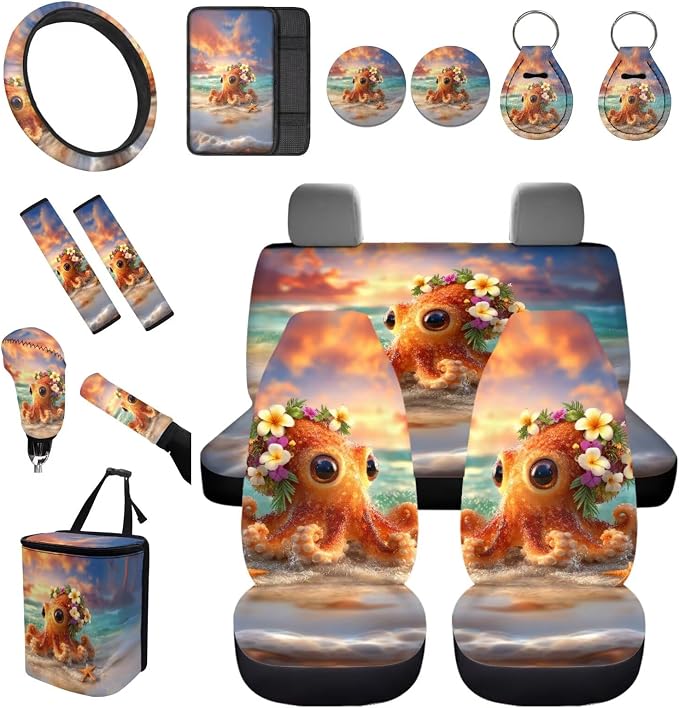 Forchrinse Octopus Car Accessories Set for Men Women 15pcs Car Front Back Seat Covers,Steering Wheel Cover,Seat Belt Pads Gear Shift Knob Handbrake Cover Cup Holder Trash Can