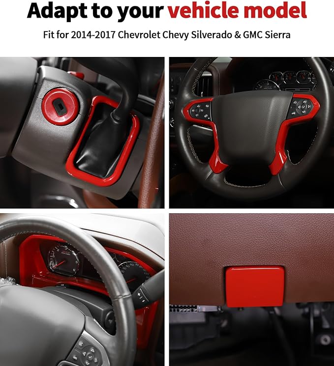 JWWY Interior Kit fit for 2014-2017 Chevrolet Chevy Silverado & GMC Sierra, Center Console Dashboard Start Switch Cover Trim Accessories Red 7PCS