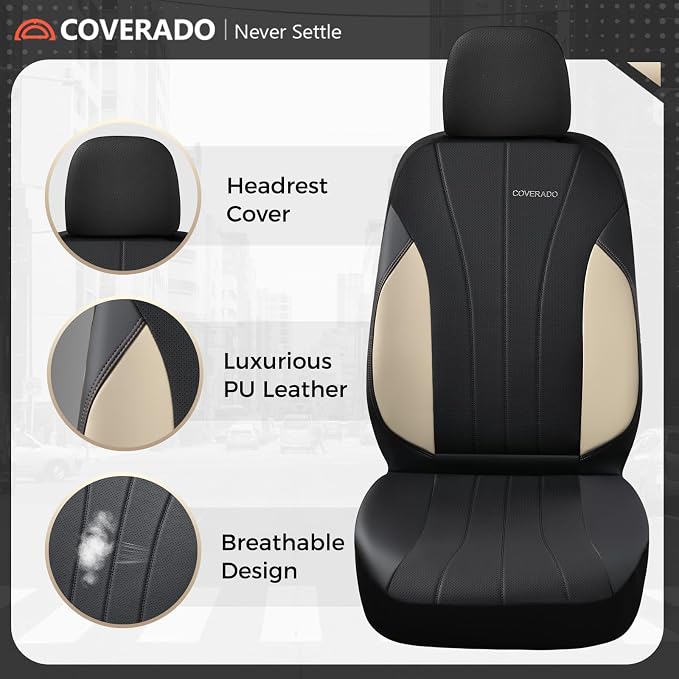 Coverado Car Seat Covers， 2 Front Seats Waterproof Nappa Leather Automotive Seat Protectors, Front Luxury Mesh Seat Covers, All-Weather Universal Fit for Most Cars SUVs, Trucks, Beige&Black