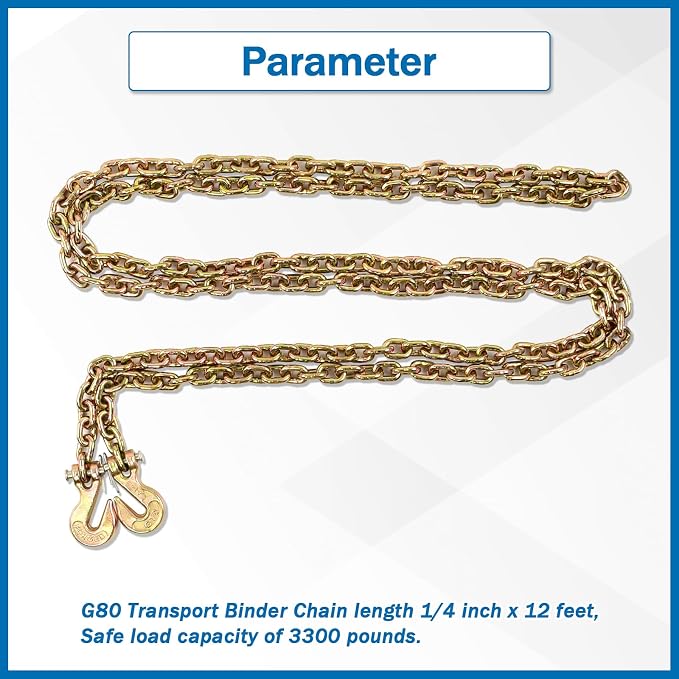 1/4 Inch x 12 Feet Transport Binder Chain G80 Safey Tow Chain with Grab Hooks 3300 Lbs Safe Work Load for Transporting Towing Tie Down Binding Equipment