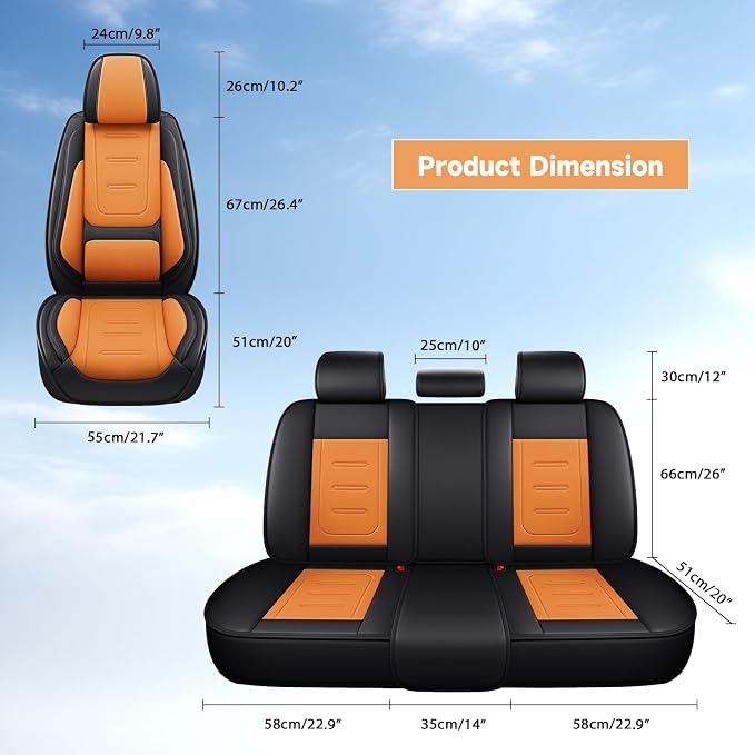 otoez Nappa Leather Car Seat Covers Full Set, Breathable Leather Automotive Seat Covers Front & Rear Seat Protectors with Lumbar Support, Universal Fit for Most Cars SUV Truck Sedan(Black+Orange)