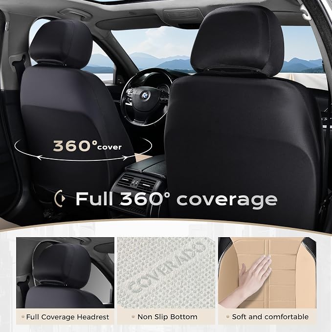 Coverado Front Seat Leather Covers, Full Leather Construction with Carbon Fibre Weave, Universal Fit for Most Cars SUV Trucks (Beige)