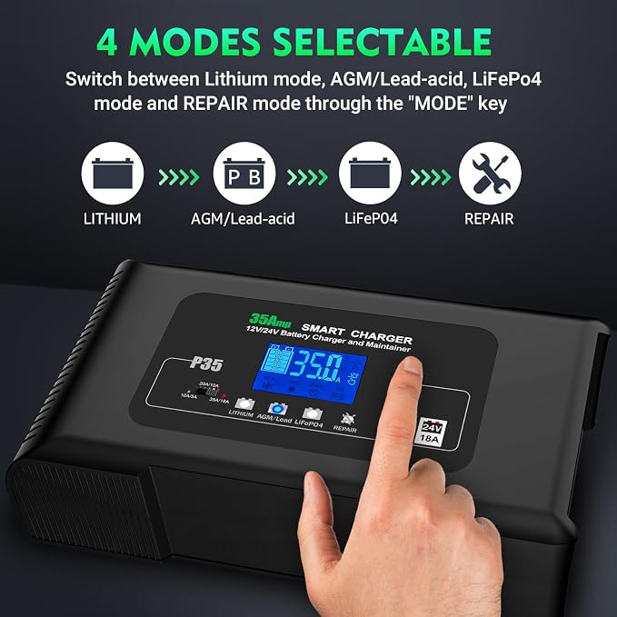 Battery Charger 0-35A,12V&24V Lithium Battery Charger for LiFePO4,Lead Acid,AGM,RV,Marine,Boat, and Deep Cycle Batteries,9 Stage with Pulse Repair,Smart Car Trickle Charger & Maintainer