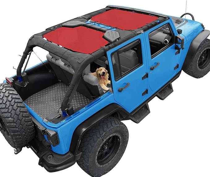 JK Sun Shade Top Compatible with Jeep Wrangler 4 Door 2007 to 2018 Sunshade Sunroof Bikini Cover Blocks UV Wind Noise Cherry Red Mesh for Front and Rear 2 pcs