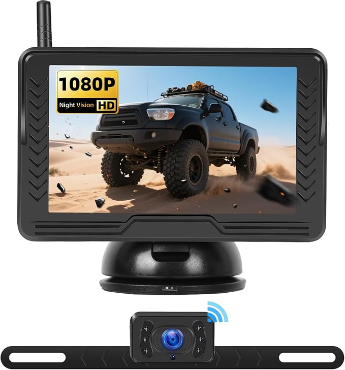 Wireless Backup Camera for Car with 5 inch Monitor Easy Setup IR Night Vision IP69 Waterproof License Plate Reverse Camera DIY Parking Lines Rear View Camera System for Car Truck SUV Pickup Van