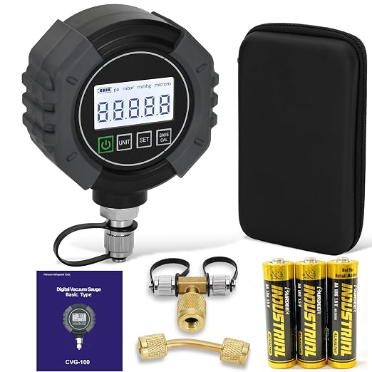 Pro Digital Vacuum Gauge, HVAC Pressure Tester with Alarm， HVAC Micron Gauge 0-75,000 Microns, 7/16-20 UNF, 1/4 inch SAE, Temp Compensation, LCD Backlit Display