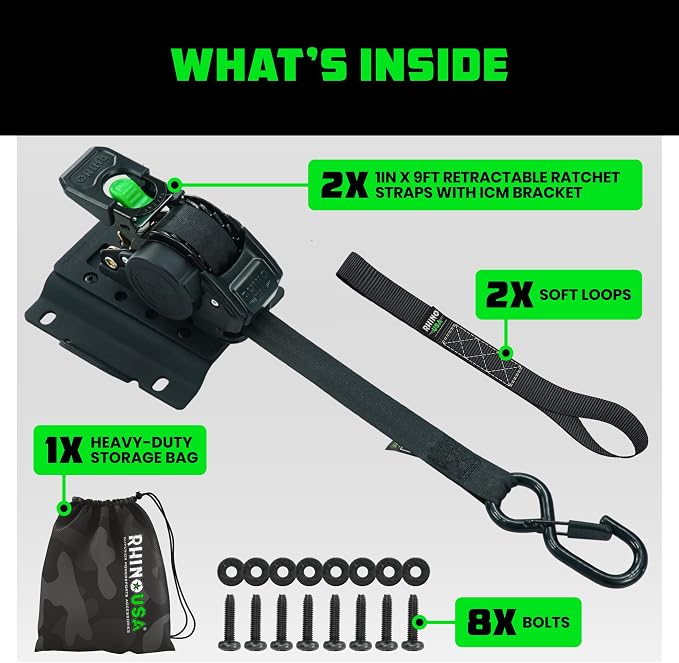 Ford Only – Rhino USA Integrated Cargo Magic Bed-Mounted Retractable Ratchet Straps (2PK) for Ford F150 (2015+) & F250 (2017+) – BoxLink Compatible, 360° Swivel, Heavy-Duty Tie Downs