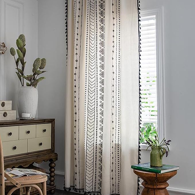 ColorBird Boho Curtains 2 Panels Modern Farmhouse Decor Black and White Striped Geometric Aztec Western Window Treatment Cream Curtain & Drapes for Living Bedroom Dining Room 63 Inch Length