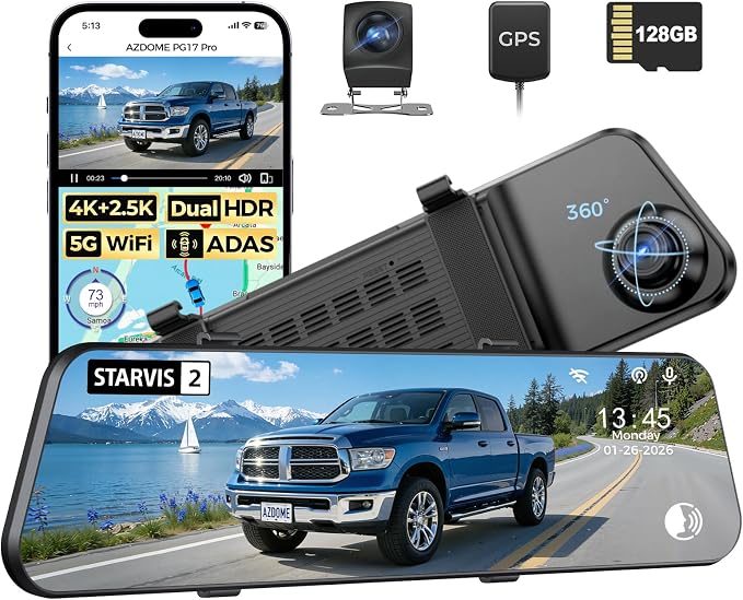 AZDOME PG17 Pro STARVIS 2 Mirror Dash Cam Front and Rear with IMX678, ADAS 12" Rear View Mirror Camera, 4K+ 2.5K Dual HDR Dash Camera for Cars, 5.8GHz WiFi Car Camera with 128GB Card Voice Control GPS