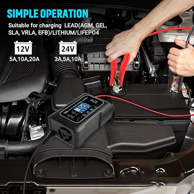 12V/24V 20 Amp Car Battery Charger,Fully Automatic Battery Maintainer,Trickle Charger w/Overcharge Protection Repair for Lithium,LiFePO4,Lead Acid, AGM, Gel, Deep Cycle Battery