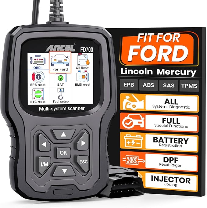 ANCEL FD700 Ford Lincoln Mercury OBD2 Scanner, Full System Automotive Car Code Reader with All Functions, Including Battery Registration ABS SRS SAS BMS Oil Reset TPMS Engine IQA EPB Regen