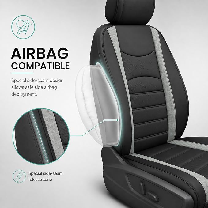 FH Group Car Seat Covers Front Set Gray Black Faux Leather Car Seat Cushions - Car Seat Covers for Low Back Seat, Universal Fit, Automotive Seat Covers, Airbag Compatible for SUV, Sedan