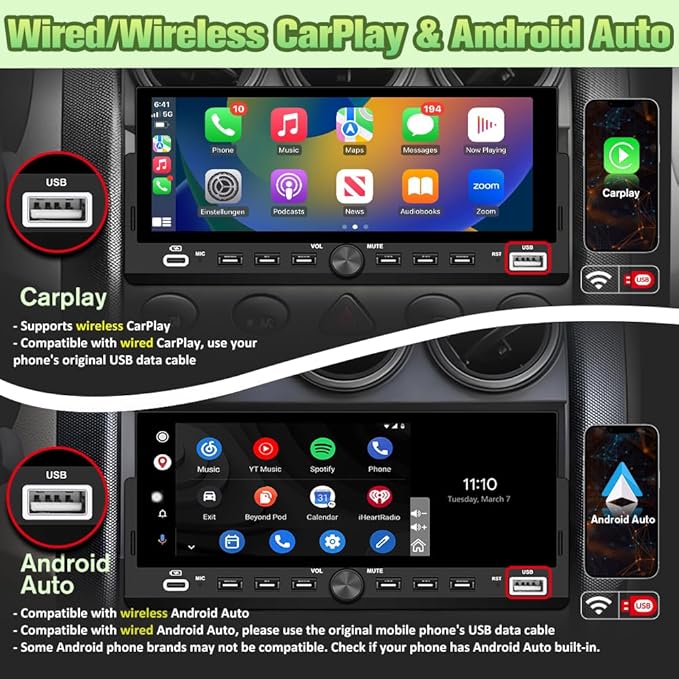 Universal Single Din Car Stereo with Wireless CarPlay & Android Auto, 6.86" IPS Touch Screen Head Unit with Backup Camera/External Microphone, Car Radio Supports Bluetooth/SWC/FM/USB