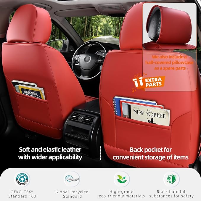 5-Seater Waterproof and Breathable Nappa Leather Car Seat Covers Full Set, Fit for Front and Rear Seats of Cars, Compatible with Airbags, Car Seat Protector Covers for Most Cars - Wine red