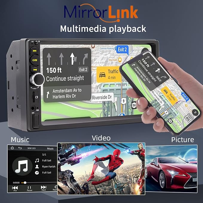 7'' Double Din Car Stereo Build-in Apple Carplay,Bluetooth 5.1 Hand-Free Calling,Touchscreen Car Radio FM,GPS Navigation,Night Vison Backup Camera,USB/TF/Subwoorf/240 watts
