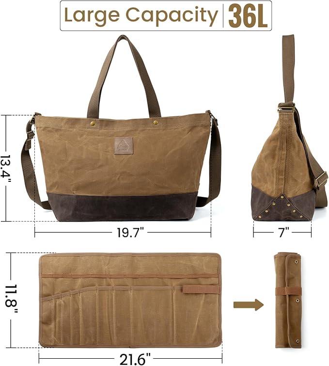 OneTigris Waxed Canvas Tool Tote Bag with Removable Tool Roll Bag, 36L Large Capacity Storage Tote Bag - Heavy Duty Canvas Bag and Tactical Camping Storage for Gardening,Camping Gear Firewood