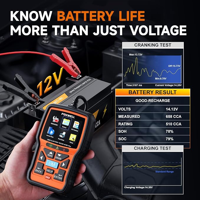 FFOXWELL NT301 Plus 2 IN1 OBD2 Scanner Battery Tester and 16pin OBD2 Extension Cable Scan Tool Battery Charging Cranking Test, Check Engine EVAP Check
