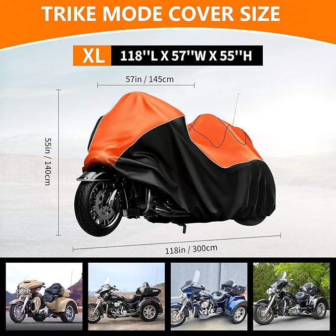 COVERVIN Trike Cover, Waterproof 3 Wheel Motorcycle Cover for Harley Honda Goldwing Freewheeler Tri Glide Ultra, with Antenna Opening, Windproof Buckles & Reflective Strips (Black&Orange)