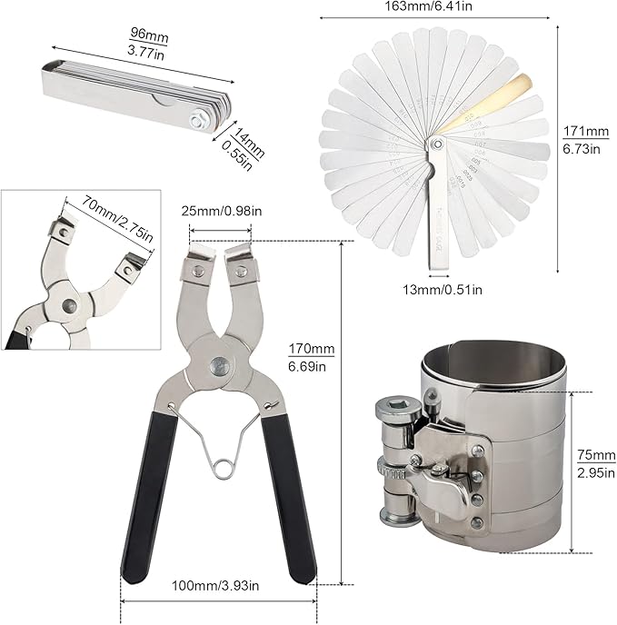 3inch Car Engine Piston Ring Compressor Tool Piston Installer Plier with Wrench and Feeler Gauge, Adjustable Sizes From 2-1/8 Inches To 7 Inches, Piston Ring Installer Removal Kit
