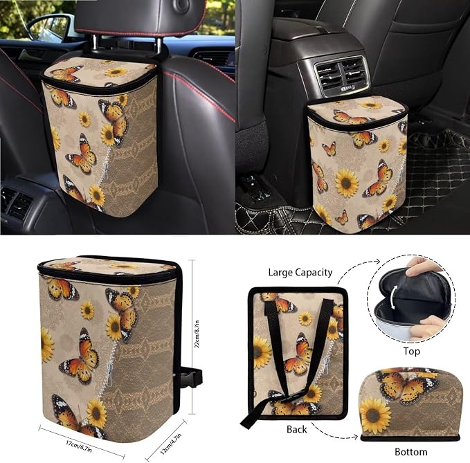 Sunflower Butterfly Print Full Set Car Seat Covers with Accessories for Women, Including Car Front Rear Seat Covers Steering Wheel Cover Safety Belt Pads Garbage Bag etc, Brown