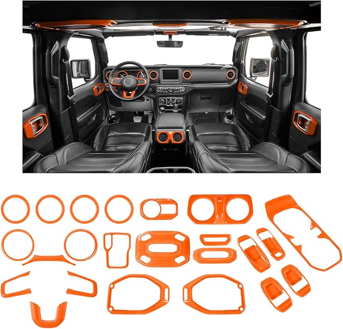23pcs Full Set Interior Trim Kit for Jeep Wrangler JL JLU Gladiator JT 2018-2023 Steering Wheel Door Handle Air Conditioning Vent Cup Holder Reading Light Headlight Gear Cover, Orange