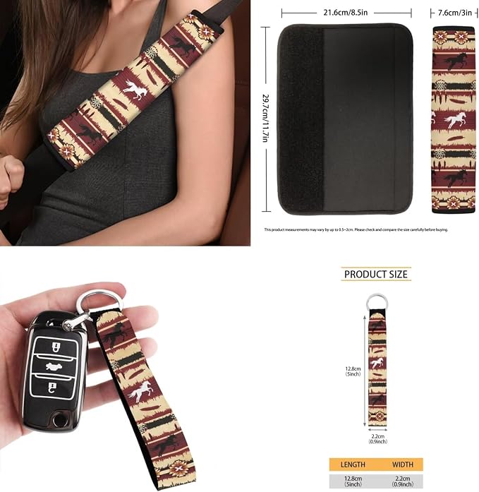 Aztec Horse Car Seat Covers Set of 15 with Universal Steering Wheel Cover, Rearview Mirror Cover, Car Trash Can, Seatbelt Pads, Cup Holder Coasters, Keychains