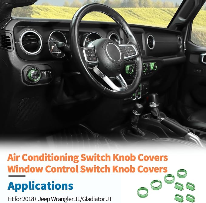 JeCar for Jeep Wrangler JL & Gladiator JT Window Switch Button Knob Cover Trim Kit, Green Aluminum Interior Decoration Accessories (2018–2024 2025+)