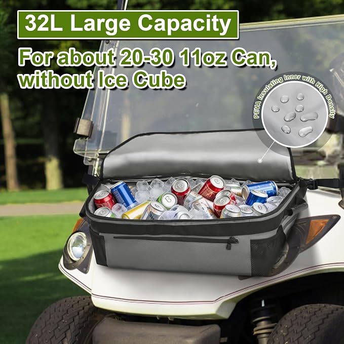 Golf Cart Cooler Bag, Insulated Fits 20-30 11oz Cans, Reflective Finish with Handy Pockets, Golf Cart Accessories Compatible with EZGO, Club Car Kandi Electric Golf Carts