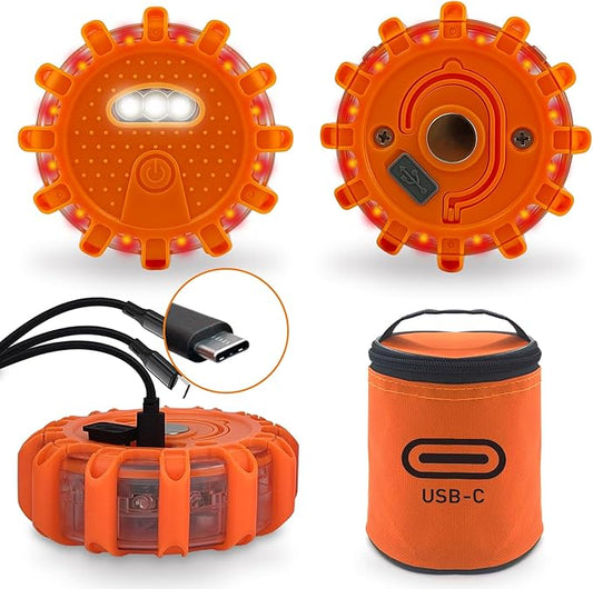 Ecoangel USB-C Rechargeable LED Road Flares Emergency Lights-Large Capacity (Lithium Battery) 3 in 1 Cable Roadside Warning Car Safety Beacon Flashing Disc Kit with Magnetic Base for Vehicles