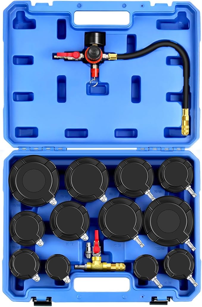 Turbo Boost System Leak Tester 15PCS Kit Test Turbocharger Intercooler Pipe | Turbine Leakage Detector with 0-6Bar Gauge, 6 Pairs Stepped Adapters (46mm to 100mm Quick-Connect Inlet & Sealed Outlet Plug)