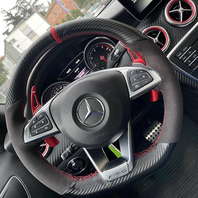 Matte Black Carbon Fiber&Suede Leather Steering Wheel Cover Hand-Stitch on Wrap Fit for Mercedes Benz W205/C43 GLA45 GLC43 AMG/CLA-Class C117/X156/C218/W213/X253 C253/W166/W222/SLC R172/R231