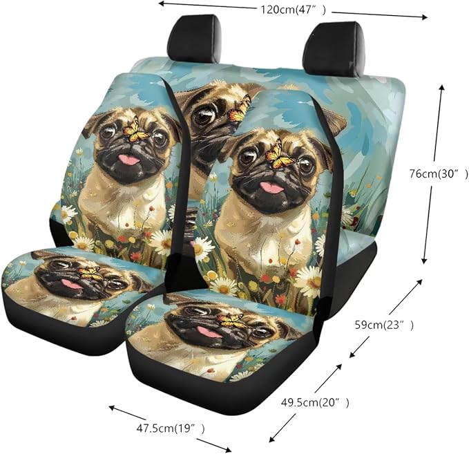 Pug Dog Butterfly Daisy Print Car Accessories Pack of 13, 4 Pieces Auto Front and Back Seat Covers + 4 Pieces Seat Belt Cover Pad + 1 Piece Steering Wheel Cover + 4 Pieces Cup Coasters