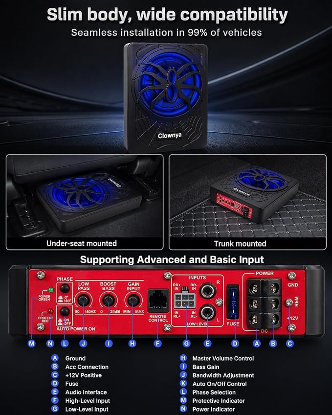 10" 1200W Car Subwooferr - Underseat Subwoofer with Built - in Amplifier, Aluminum Enclosure, High/Low Level Inputs, Blue LED Light and Wired Remote for Truck, SUV, car, Jeep and MPV