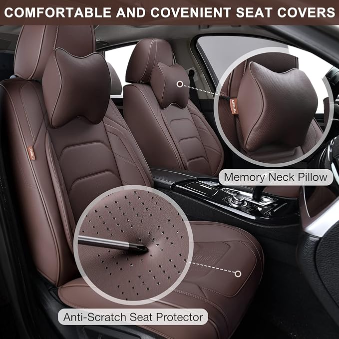 TIEHESYT Brown Car Seat Covers Full Set, Breathable Leather Automotive Front and Rear Seat Covers & Headrest for Reduce The Driving Fatigue, Compatible with Most Vehicles, Cars
