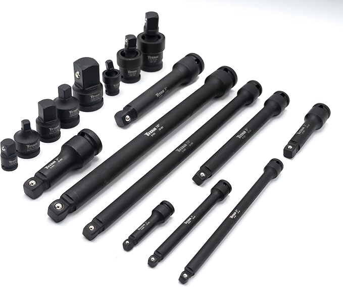 Titan 81483 17-Piece Impact Adapter Set Includes Universal Joints, 1/4-Inch, 3/8-Inch, 1/2-Inch Wobble Extensions, Increasing and Reducing Adapters