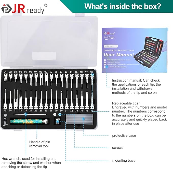 JRready ACTCRH7A03 Pin Removal Tool Kit for TE, Deutsch, AMP, Molex, Delphi, Harting, YAZAKI, BYD, JPT Automotive Heavy Duty Electrical Terminal Connector(1 PC Tool+36PCS Replacement Tips)