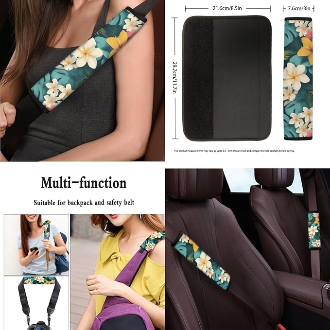 Plumeria 13 Pcs Car Seat Covers Full Set, Tropical Monstera Auto Front and Rear Bench Seat Protector, Hawaii Island Plants Steering Wheel Sleeve Auto Armrest Cover