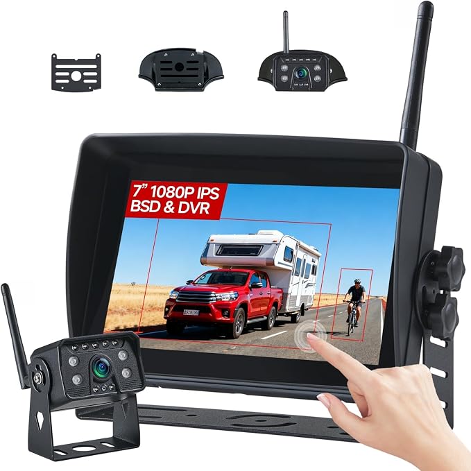 Wireless RV Backup Camera System 1080P HD 7'' Touch Screen Monitor | BSD Blind Spot Alert, 4 CH DVR Recording, IP69K Waterproof, IR Night Vision, Fit for Pre-Wired Furrion RV Trailer 5th Wheel