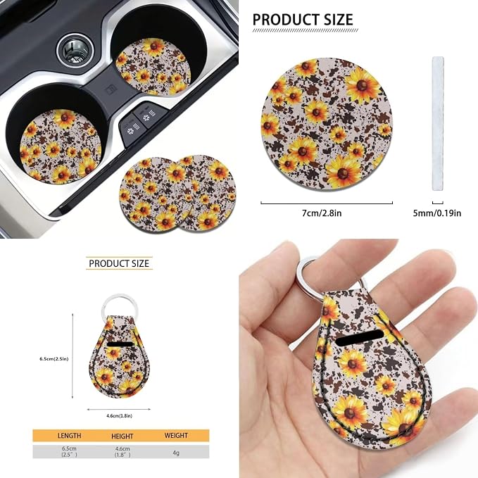 Xoenoiee Sunflower and Cow Skin Print 11 Pcs Universal SUV Car Seat Covers Auto Interior Accessories Full Set with Steering Wheel Covers, Seat Belt Pads, Key Chain, Car Cup Mat