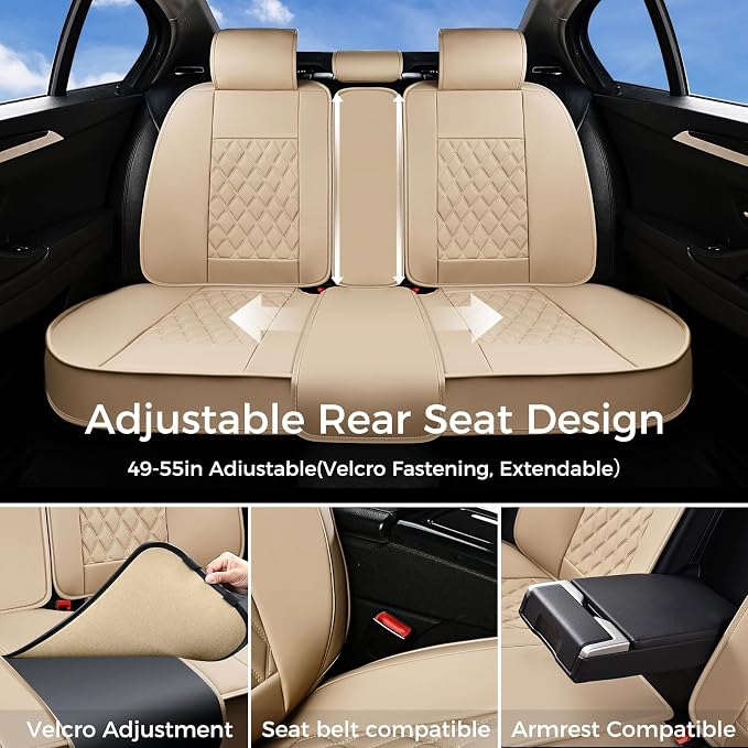 Huidasource Seat Covers for Car, Beige Car Seat Covers, Front and Split Rear Bench Seat Covers, Leather Seat Cushion Cover Protector Universal Fit for Most Cars,Vans,Trucks, SUVs (Full Set/Beige)