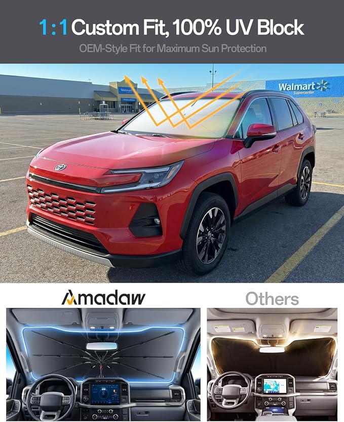 Windshield Sun Shade for Toyota RAV4 / Grand Highlander/Highlander 2000–2026, Foldable Umbrella Sunshade with 100% UV Block, Multi-Layer Heat Insulation, Reinforced 10-Rib Frame