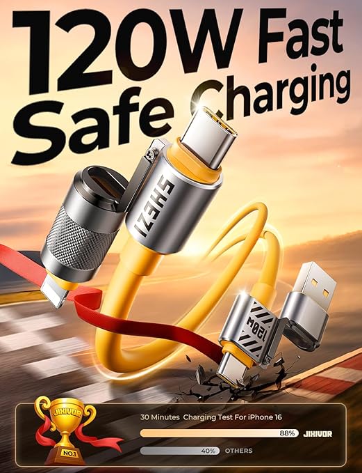 4-in-1 USB C Cable 120W Fast Charging Cord Silicone Compatible with Lightning & Android Auto, 5FT Data Transfer CarPlay Charger for iPhone/iPad/Samsung Galaxy