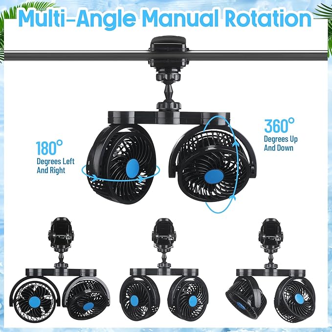 Tujoe 2 Sets 12v Car Fan Adjustable Dual Head Fan for Front Rear Seat 360° Rotatable Car Clip Fan Cooling Car Seat Fan with Stepless Speed Regulation and Cigarette Lighter Plug for Vehicles Suv Rv