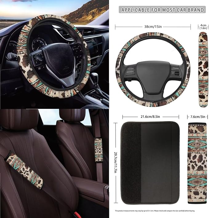 Aztec Tribal Geometric Brown Cow Print 15 PCS Auto Interior Sets Front Rear Seat Covers for Cars Steering Wheel Cover Seatbelt Cushion Air Vent Storage Bag Trash Bin Coasters Keychain