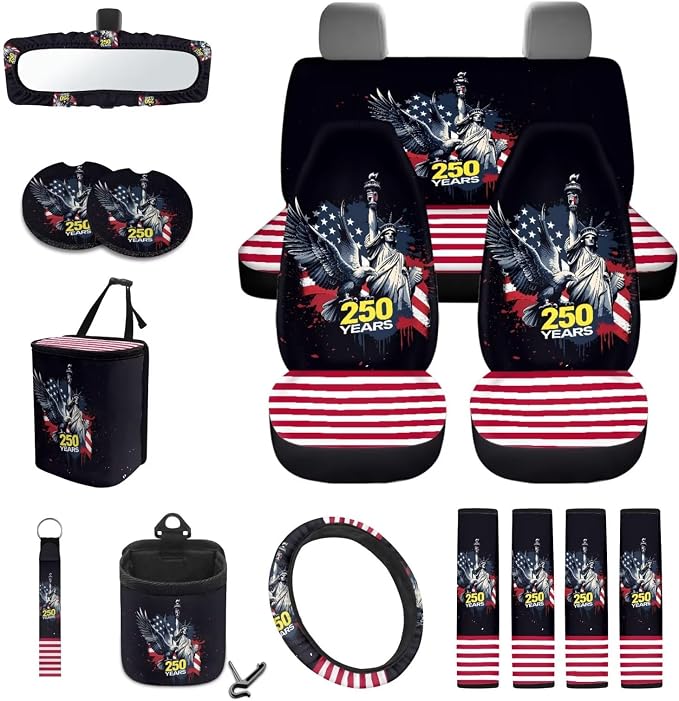 Wanyint Car Seat Cover Set 15 PCS, with Steering Wheel Seat Belt Rear View Mirror Cover Trash Can Cup Coaster Keychain Air Vent Storage Bag, US 250th Anniversary Auto Decor, Statue of Liberty Eagle